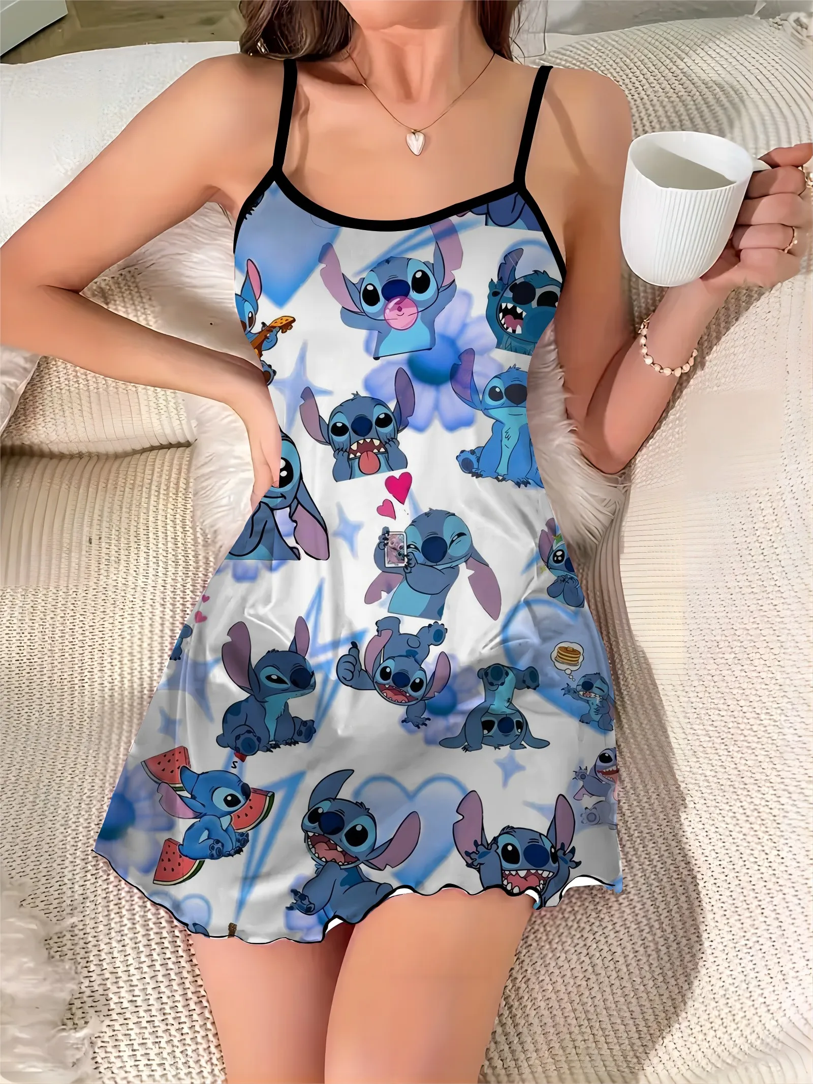 Vestido corto de satén con estampado de lechuga de Disney, falda de pijama con hombros descubiertos, cuello redondo, elegante y elegante, para verano, 2024