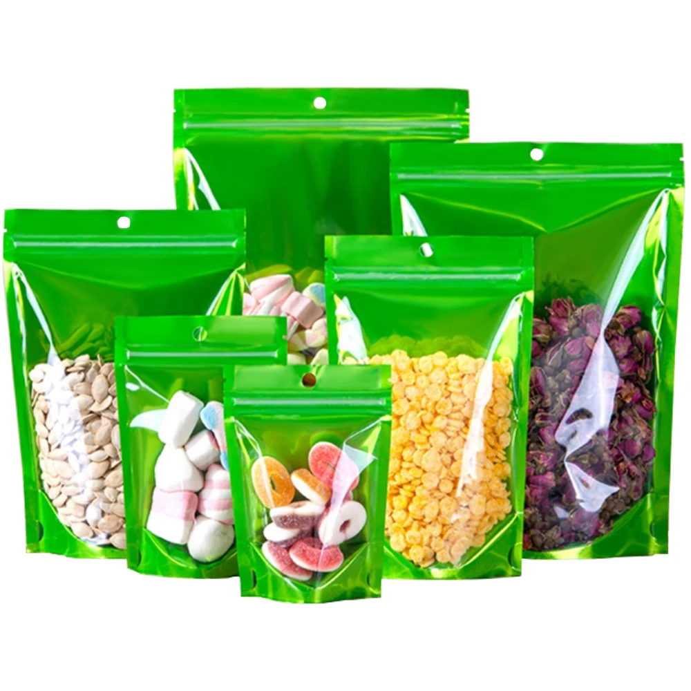 100Pcs Clear Plastic Green Mylar Foil Stand Up Bag with Hang Hole Zip Lock Grip Seal Tear Notch Doypack Food Dry Fruit Nut Pack