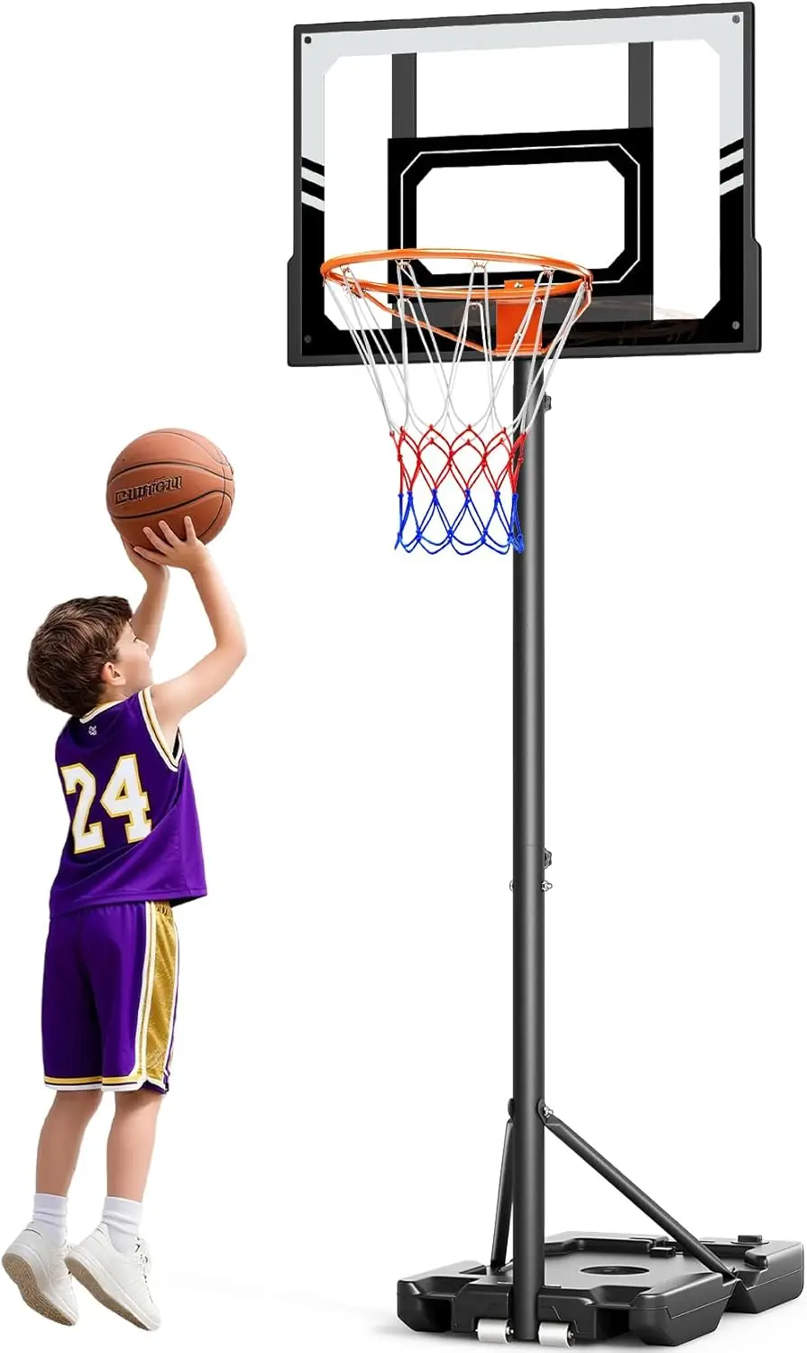 

Kids Basketball Hoop Outdoor, 3.5-7ft Stepless Adjustable, Portable with Shatterproof Backboard