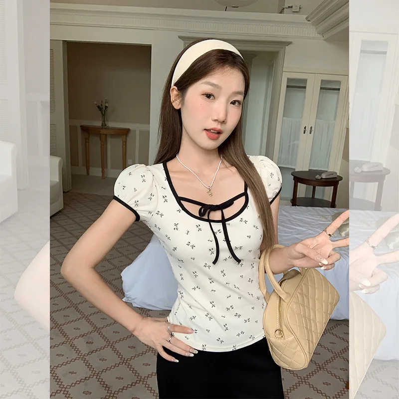 

Pure Desire U-Neck Tie Small Floral Short Sleeve Women's Regular Shoulder T-Shirt Summer New Slim Fit Beautiful Age-Reducing