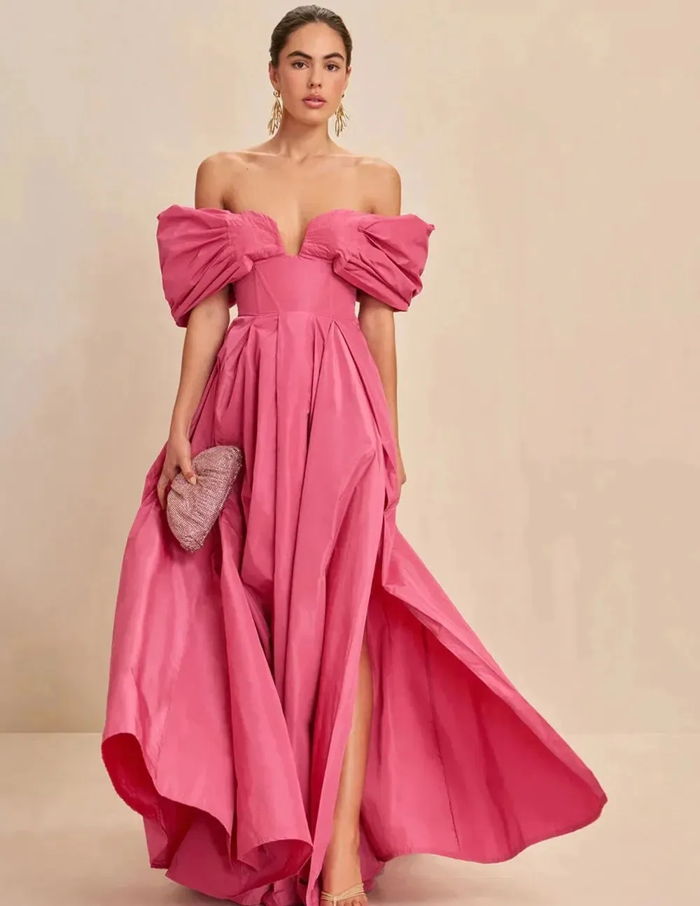 Elegant Pink Taffeta Prom Party Dress 2026 Off the Shoulder Puff Sleeve Silt Floor Length Evening Birthday Formal Gowns Banquet