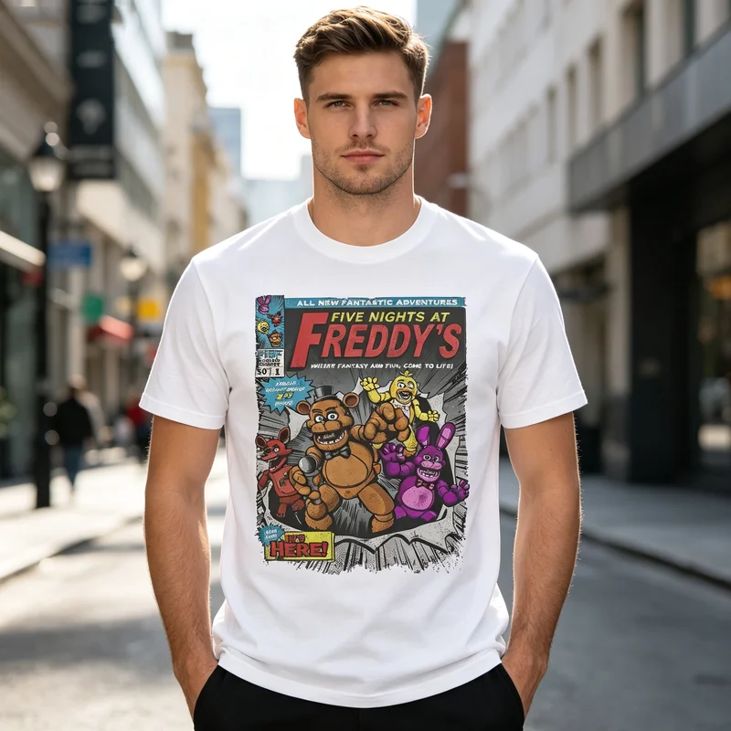 FNAF Comic Cover T Shirt for Men Women Five Nights At Freddys Graphic Short Sleeve Casual Cotton Tee Unisex Retro Y2k Top
