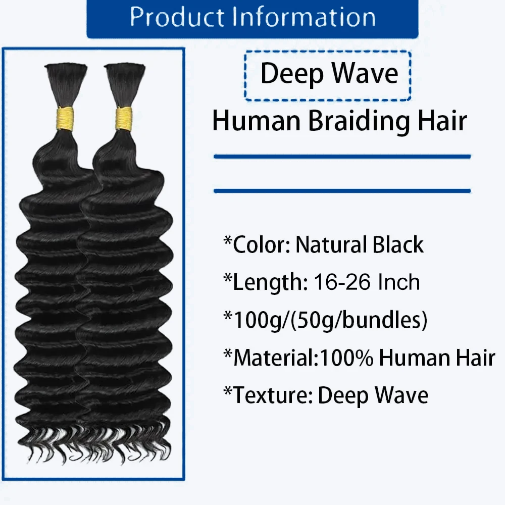 Cabello humano brasileño de onda profunda, Color Natural 1B, cabello rizado a granel sin trama, sin trama, 100% extensiones de cabello humano, 16-26 pulgadas, 100G