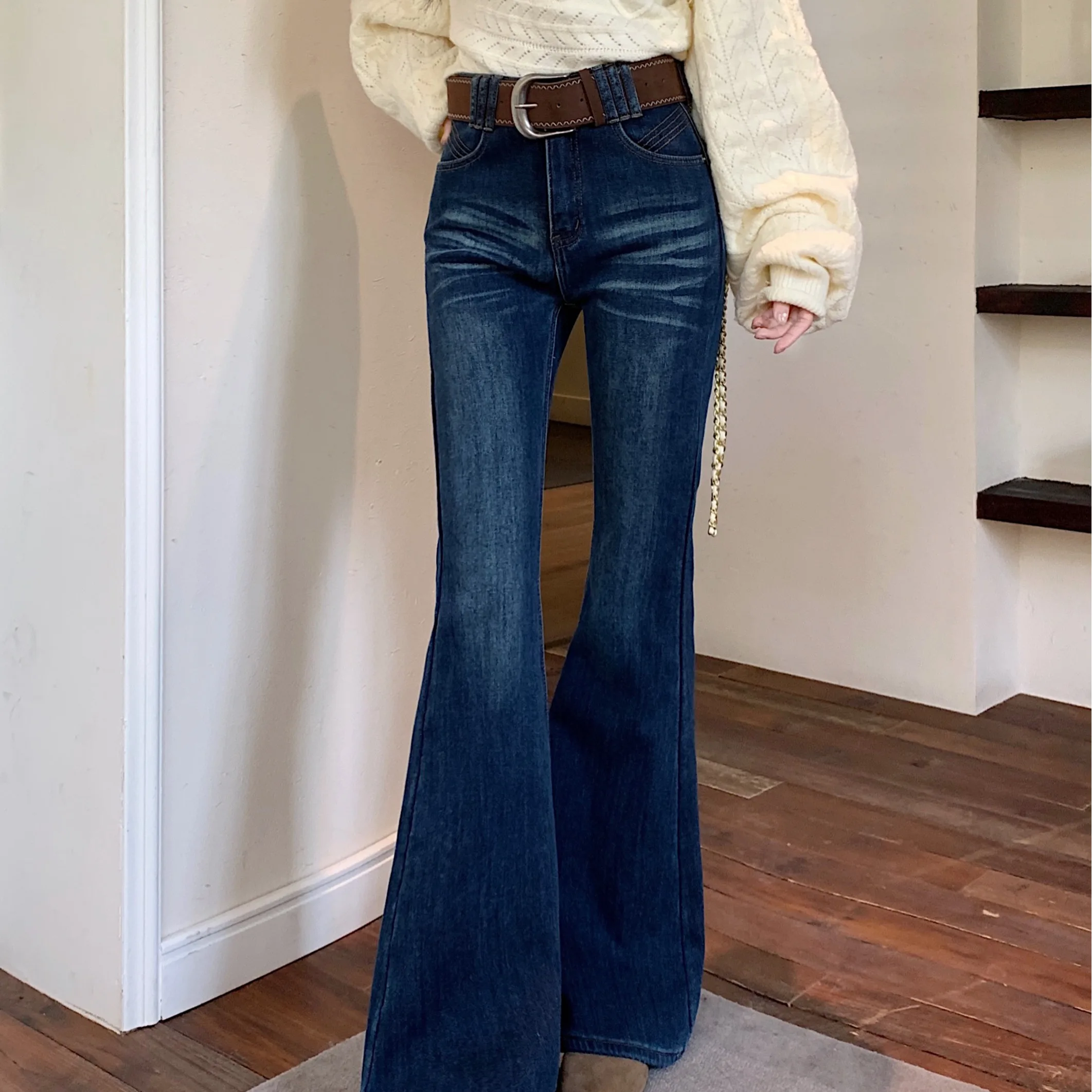 

Модные джинсы Fce на подкладке с высокой талией для похудения, эластичные джинсы-колокольчики, повседневные хлопковые эластичные джинсы, осень-зима