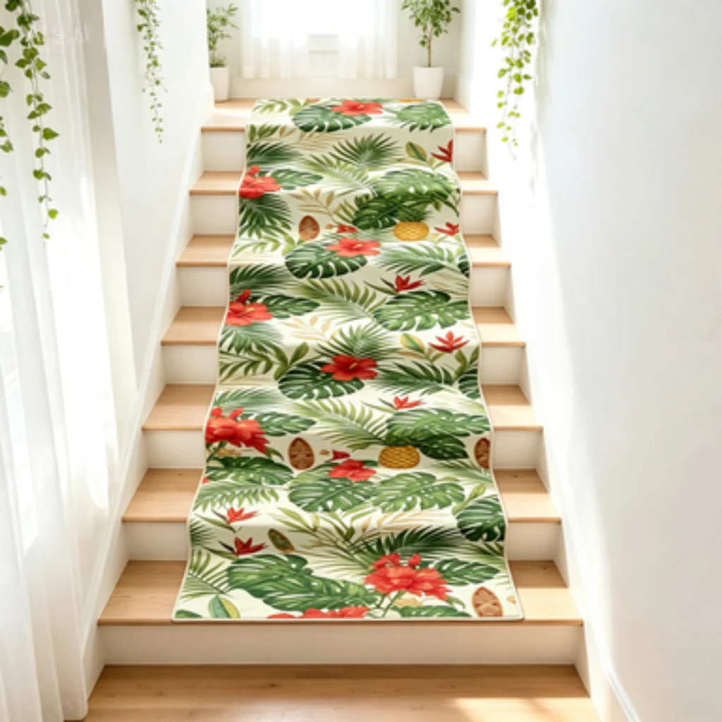 Tropical Hibiscus Pineapple Self-Adhesive Stair Mat, Macaron Stripe Long Stair Tread Pad, Soundproof Non-Slip Step Protector.
