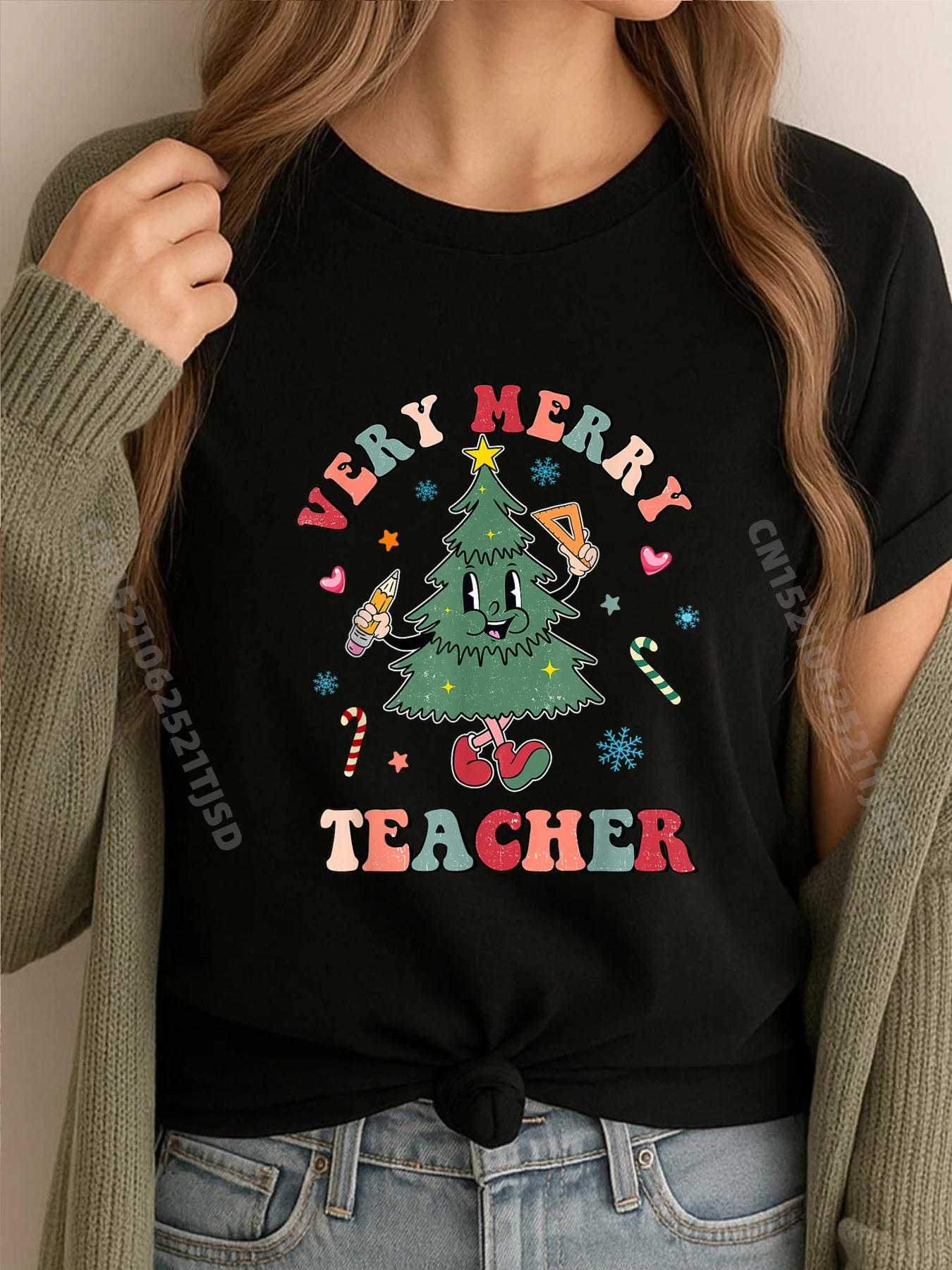 

Retro Groovy Christmas Tree Very Merry Teacher School Graphic T Shirts Woman Oversized Shirts For Woman Tshirt Woman