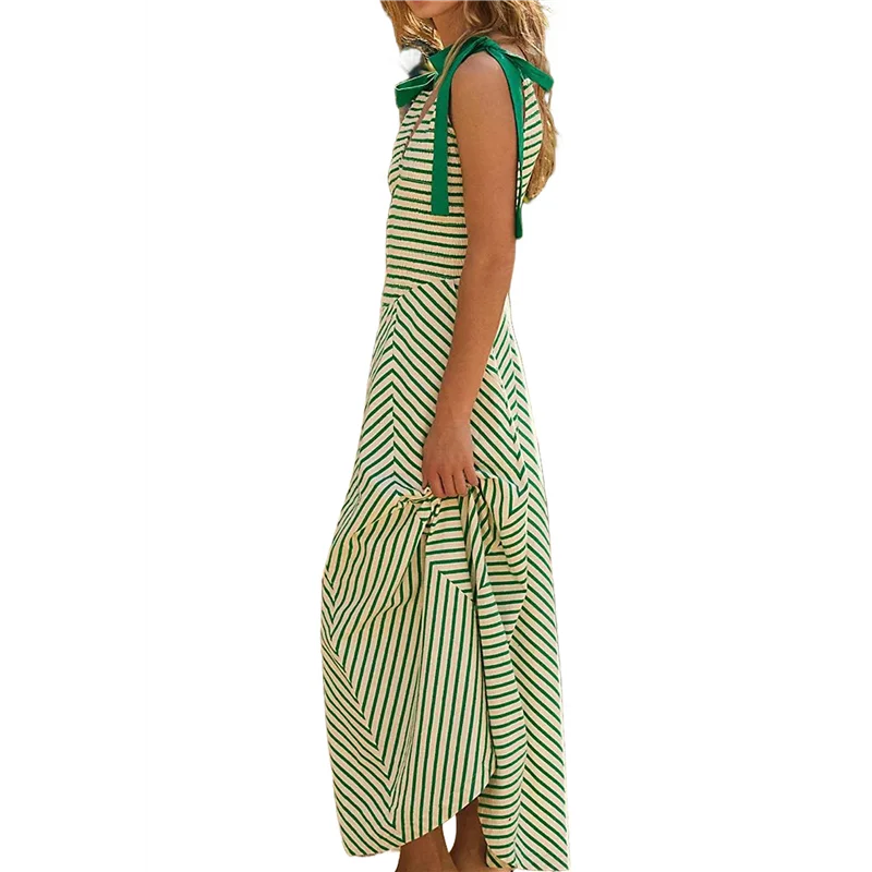 NUOVO-Donna Casual Estate Smocked Scollo a V Spiaggia a righe Senza maniche Vestito estivo Abito lungo fluido con tasche