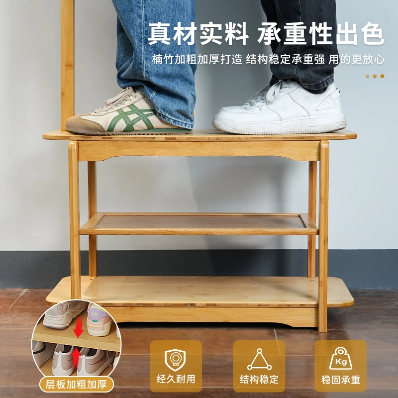Bamboo Entryway Bench with Hooks Sturdy Shoe Storage Seat Multi-Functional Coat Rack And Shoe Organizer for Hallway 3