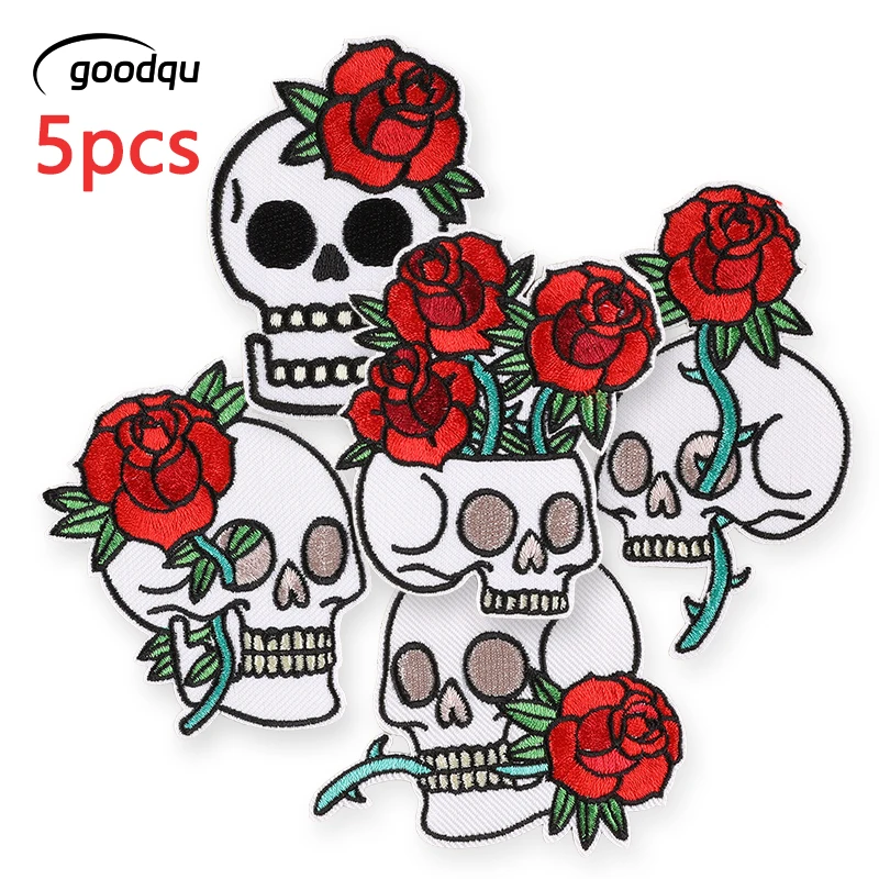 5 Stück Totenkopf-Rosen-Aufnäher zum Aufbügeln für Kleidung, bestickte Stoffaufkleber, Mochila-Jacken, DIY-Stickerei, Thermo-Lot – Detail 1