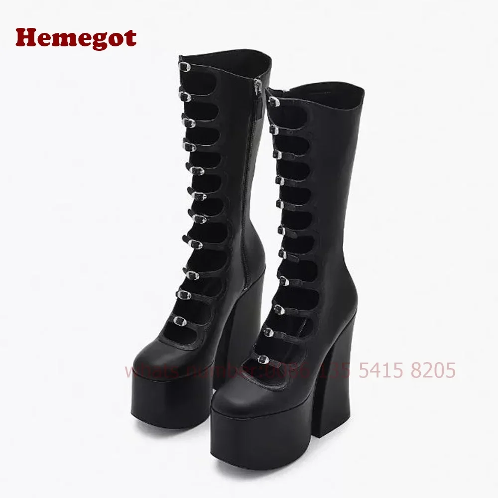 Platform Cut-Out Buckle Sandals Round Toe Side Zipper Lolita Women\'s Sandals Chunky Heels Black Solid Cute Runway Shoes Sexy