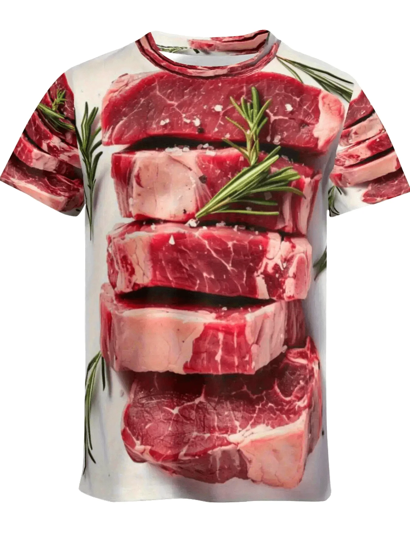 Men's Crew Neck Tee 3D Raw Steak Rosemary Meat Print Novelty Casual Tops
