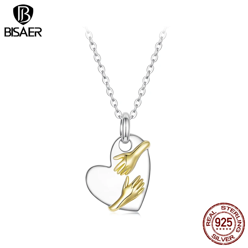 

BISAER 925 Sterling Silver Hug Heart Pendant Necklace Adjustable Chain Plated White Gold for Women Party Fine Jewelry EFN441