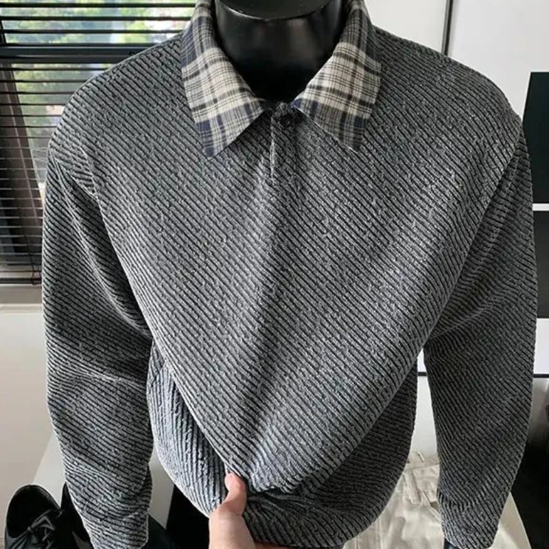 Unisex Autumn Chunky Knit Striped Polo Plaid Patchwork Long Sleeve Couple Sweatshirt