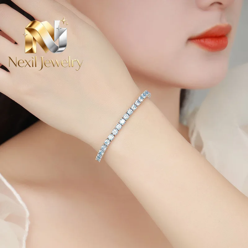 Nexil Jewelry  Luxury Solid Platinum PT950 Women's 3mm 4mm Yellow Light Blue Pink Moissanite Diamond Bracelet Full Diamond Tenn