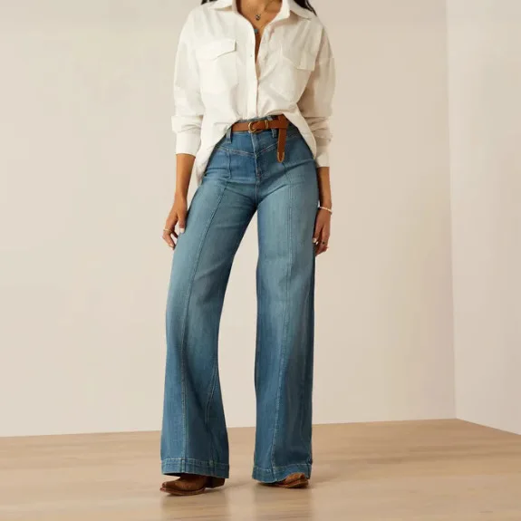 Autumn Winter High Waist Slim Blue Drape Stretch Straight Jeans Women's
