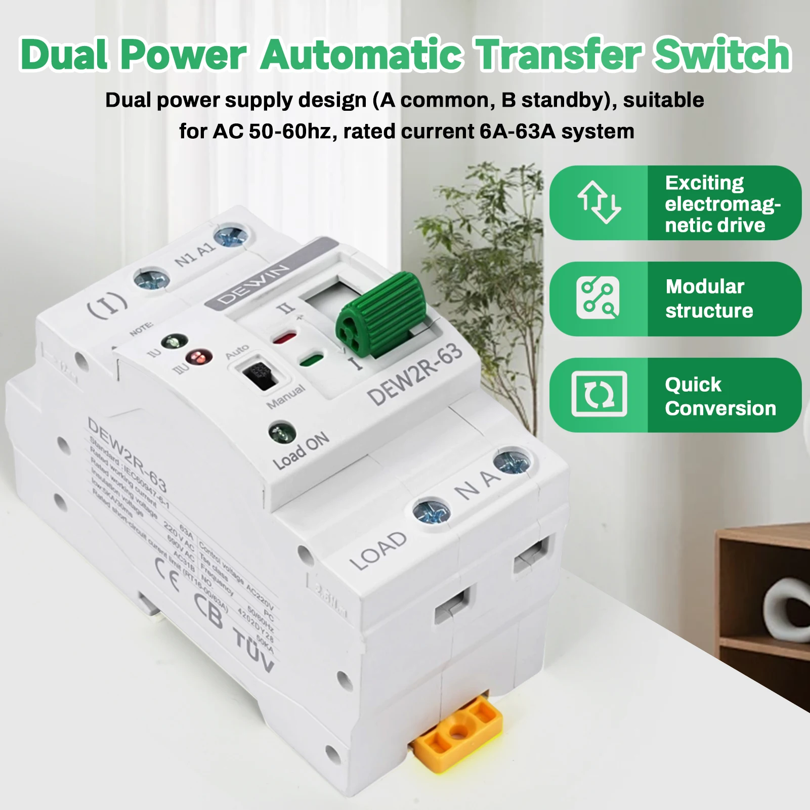 DewinLVD G2R Din Rail 2P 63A Dual Power Automatic Transfer Switch Electrical Selector Switches 220V Electrical Selector Switch
