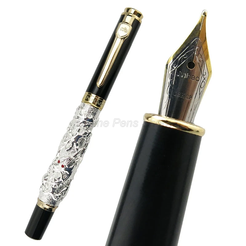 Jinhao เงินโบราณมังกรมงคลแกะสลักลายนูน Medium Nib Fountain ปากกา Professional สํานักงานเครื่องเขียนอุปกรณ์เสริม