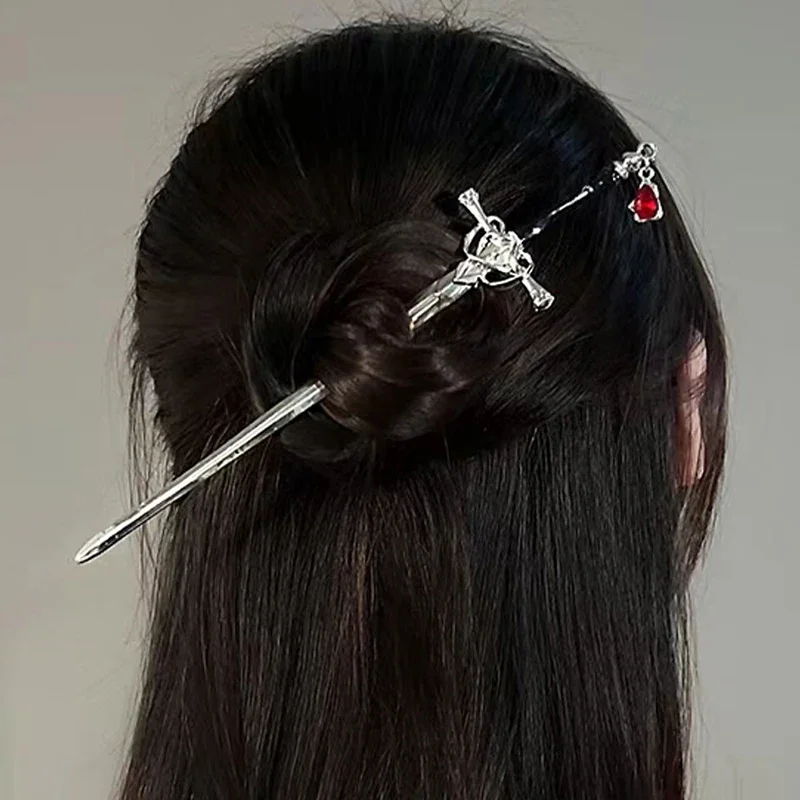 Creative Sword Ruby Pendant Hairpins Vintage Chinese Style Sword Hair Sticks Punk Hairpin Women Trendy Hair Pin Dish Accessories