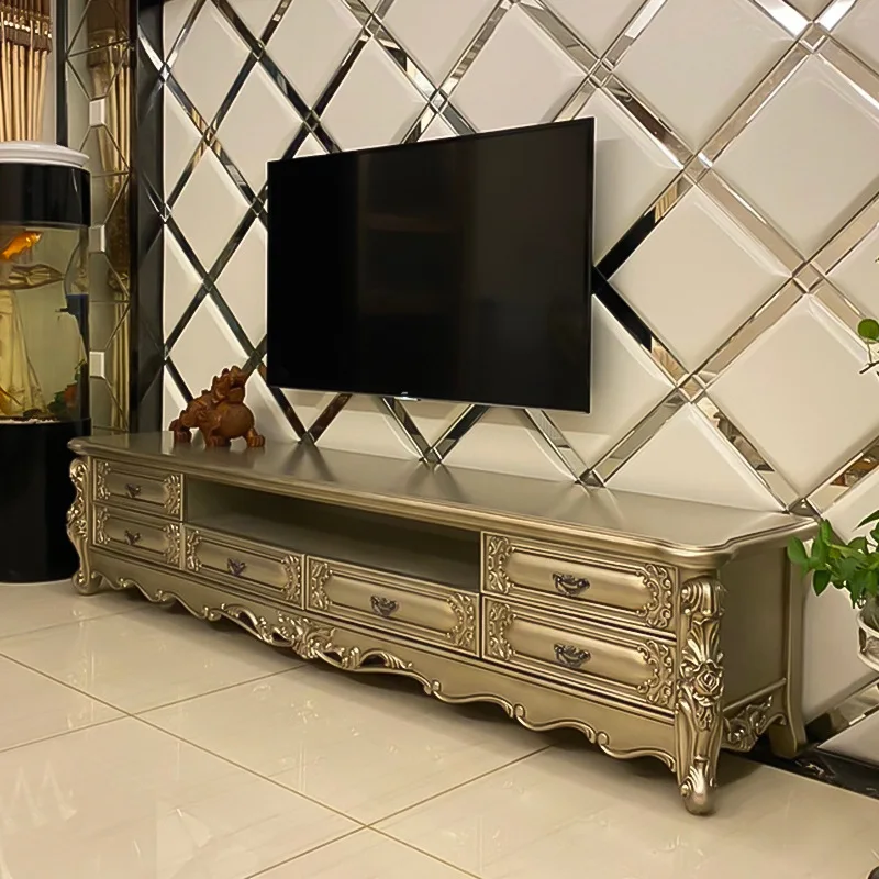 

European-style neo-classical TV cabinet with drawers, solid wood, champagne gold carving, luxury living room with complete furni