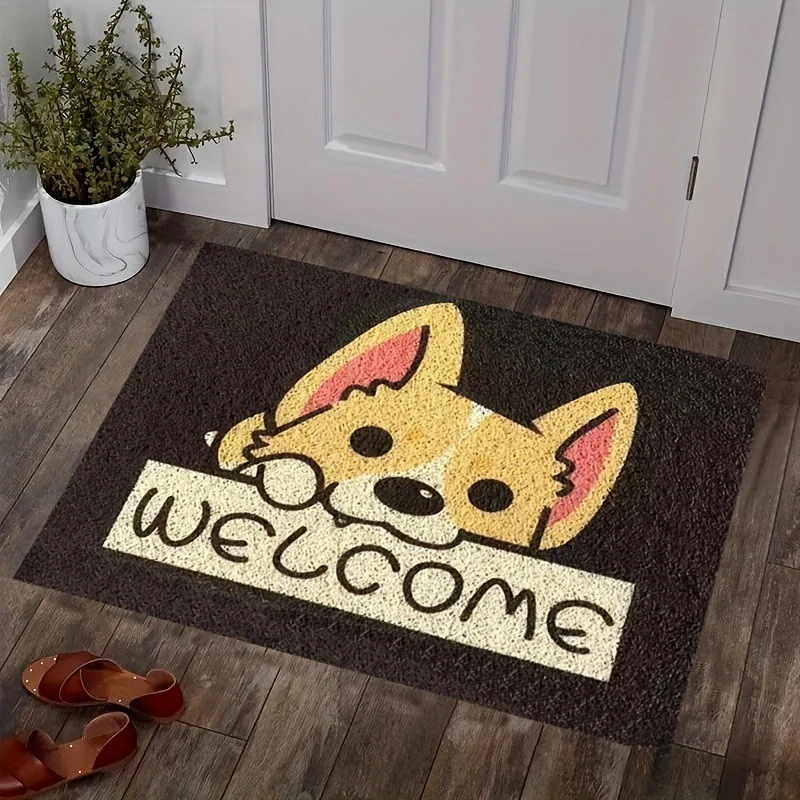 Haustierliebhaber Corgi Fußmatte, "WELCOME" Cartoon Corgi Aufdruck Rutschfeste Eingangsmatte Küchenmatte Türmatte Heimteppiche 고양이 러그