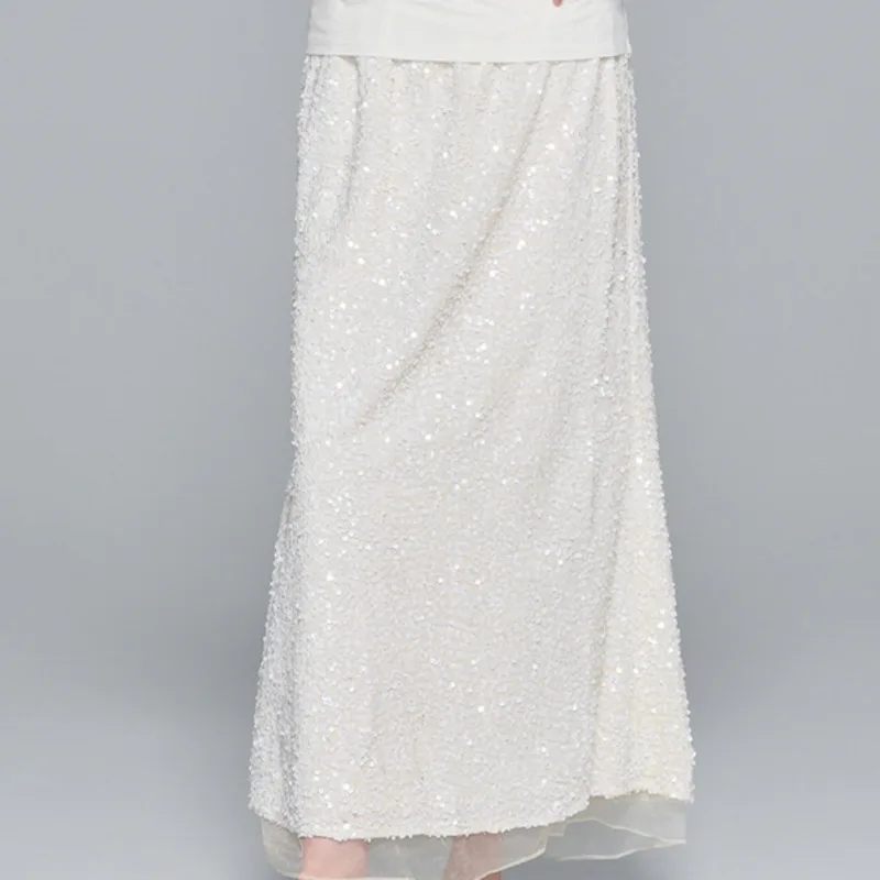 

2025 Autumn Women Sequin Maxi Skirt High Waist Elastic Fit Chinese Mermaid Design Elegant Long Skirt Slim Fit For Party Daily
