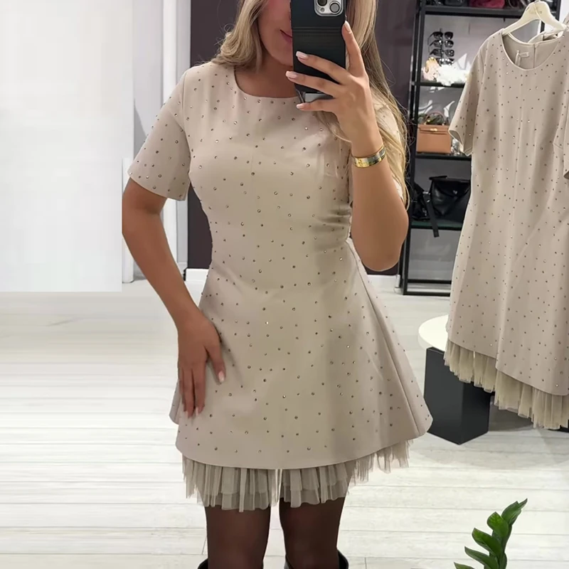 2026 Spring Fashion Diamond Patchwork Mesh Mini Dress Woman Elegant O Neck A-Line Dress New Summer Short Sleeve Slim Party Dress