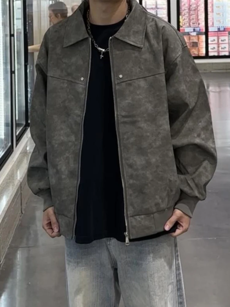 

Мужская кожаная куртка в американском ретро-стиле с эффектом тай-дай, укороченная, для уличной моды, мотоциклетная, осенняя, стильная, крутая, в бейсбольном стиле