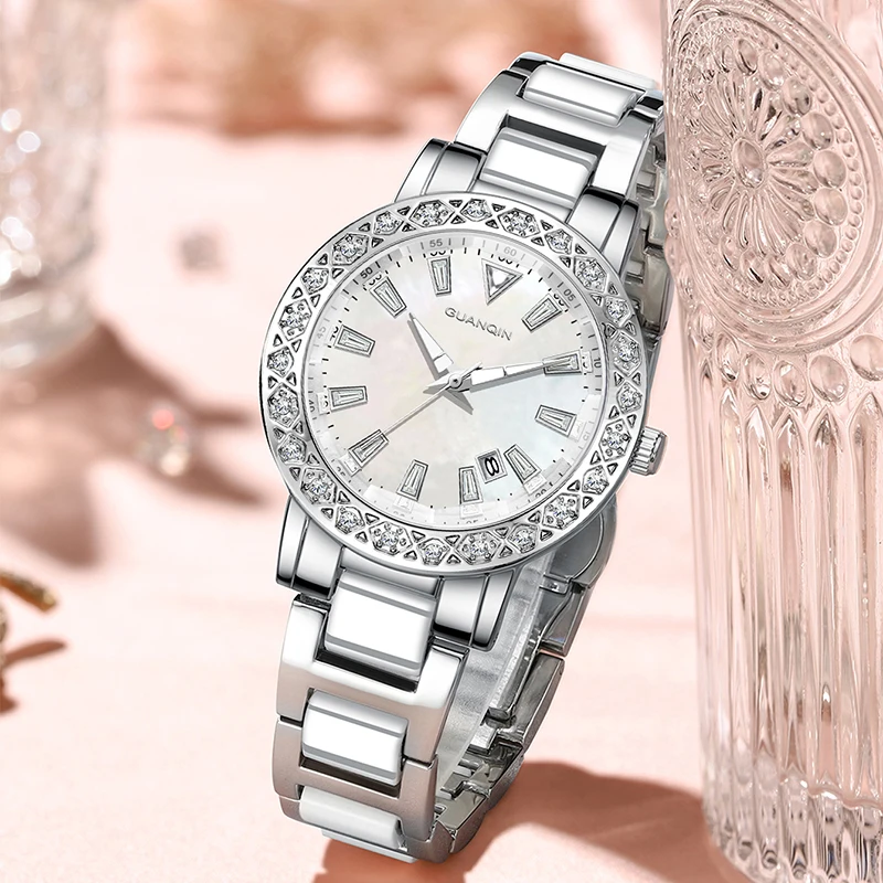 GUANQIN Luxury Quartz Watch for Women Mother-of-Pearl Dial Stainless Steel Case Calendar 30M Waterproof Luminous Lady Watches