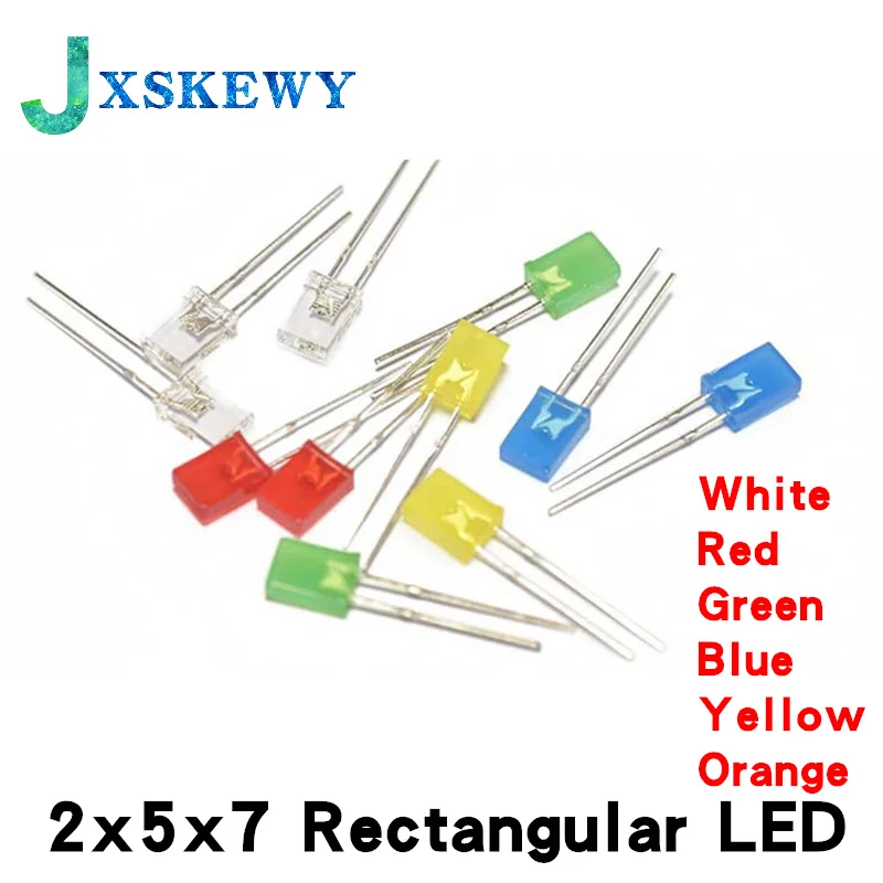 100 pcs 2x5x7 Rectangular LED Emitting Diode Lamp White Red Green Blue Yellow Orange Diffused Color Square DIY Indicator