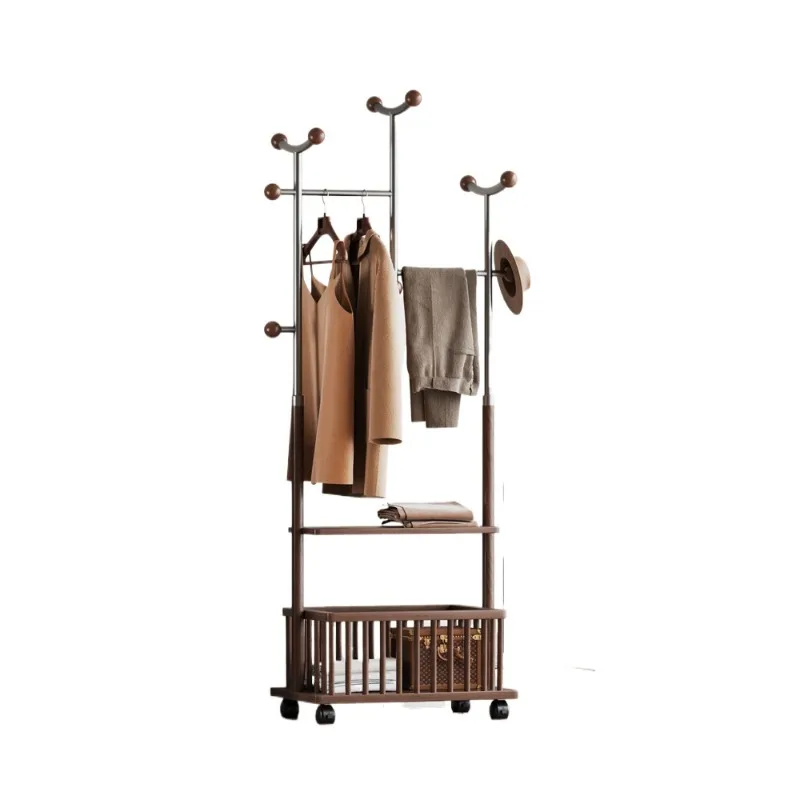 

Solid wood coat rack Floor-to-ceiling bedroom Home living room Dirty basket Multifunctional hanger Double row vertical creative