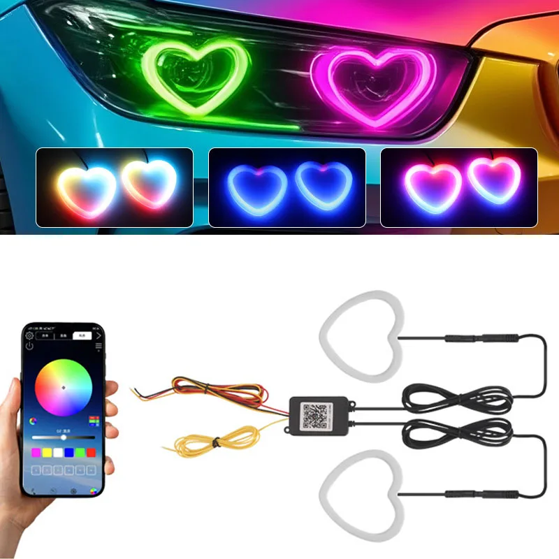 Car Light Accessories 2pcs Heart-Shaped RGB Angel Eyes Halo Light Bluetooth App Control With with Amber Turning Light