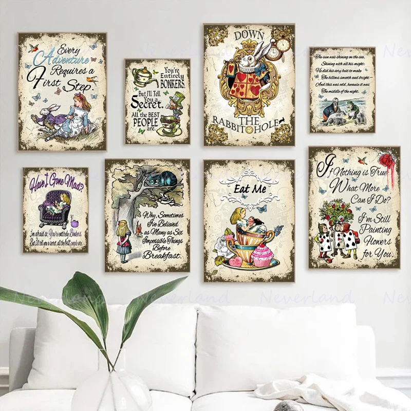 Classic Fairy Tales Alice In Wonderland Retro Posters Cheshire Cat Canvas Painting and Prints Wall Art Picture for Kidroom Decor