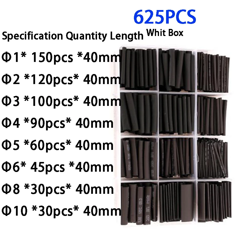 625ps Black Boxed Heat Shrinktubing 2:1 Electronic DIY Kit,Insulated Polyolefin Sheathed Shrink Tubing Cables And Cables Tube