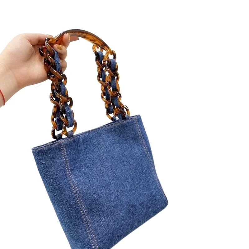 

Модная новая женская джинсовая сумка в винтажном стиле, повседневная модная акриловая цепочка, темно-синяя дизайнерская маленькая большая сумка