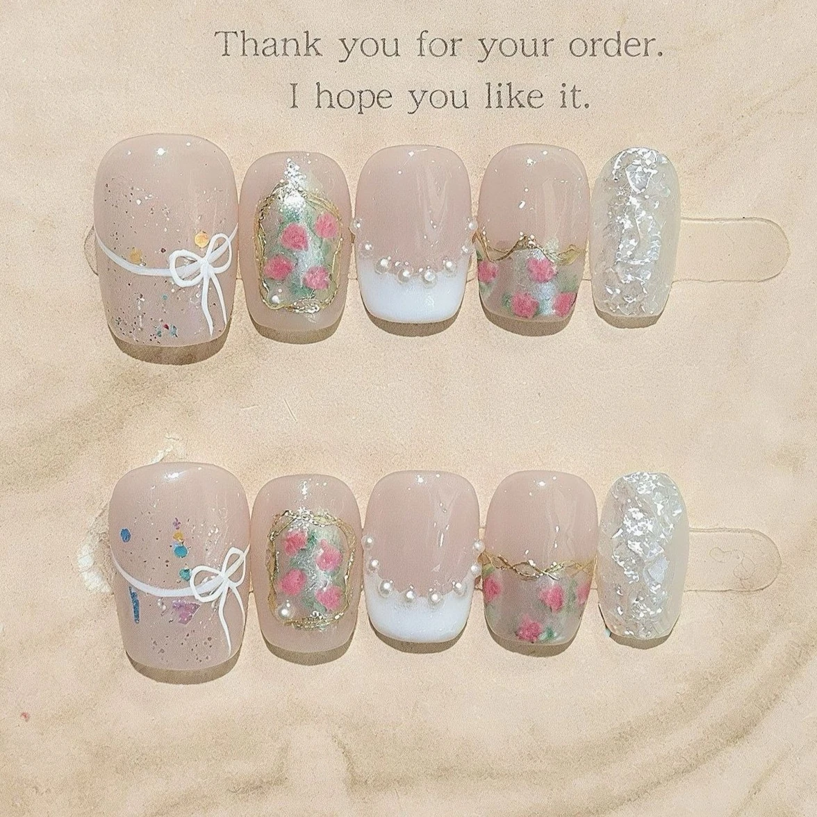 10 stuks zoete schattige roze korte vierkante druk op kunstnagels handgemaakte volledige dekking perzik bloemen kunstnagels Franse kunstmatige manicure