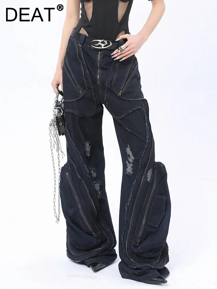 DEAT Fashion Women's Jeans Washed Distressed Hole Tassel Zipper Decorate Full-length Cargo Trouser Summer 2024 New Tide 7AB3780