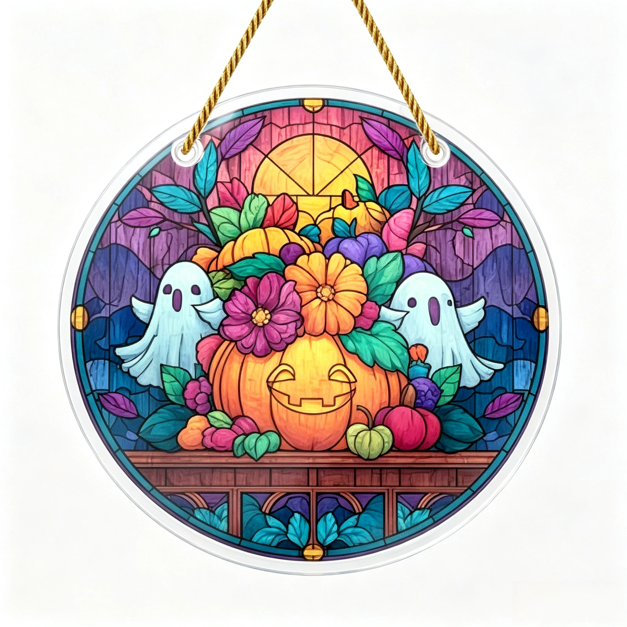 Colorful Stained Glass Jack‑o‑Lantern Ghost Acrylic Door Hanger, Fall Harvest Wall Plaque Harvest Ghost Pumpkin Flower Clear Acrylic Hanging Ornament, Halloween Suncatcher‑Style Decor