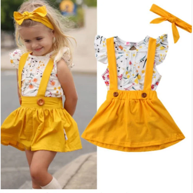 Toddler Girls Kids Clothes Set Off Shoulder Floral Print Sleeveless Ruffle Tops Strap Dress 3pc Children Girl Cotton Outfit Suit