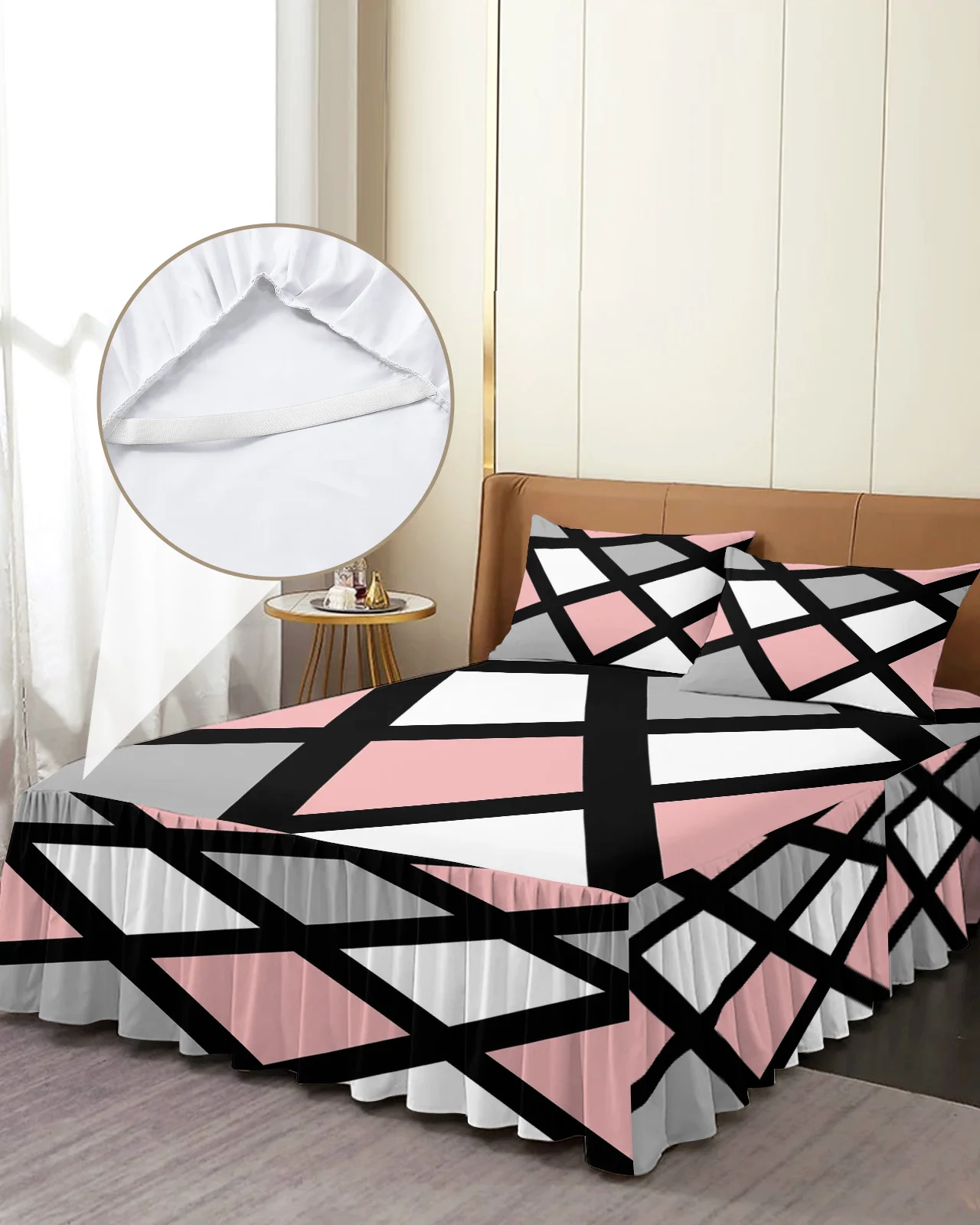 Pink Black Grey Geometric Square Bed Skirt Elastic Fitted Bedspread With Pillowcases Mattress Cover Bedding Set Bed Sheet