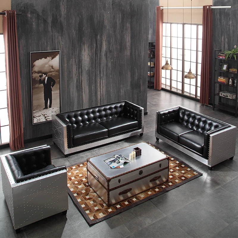 Retro nostalgic industrial style sofa, all leather for the office