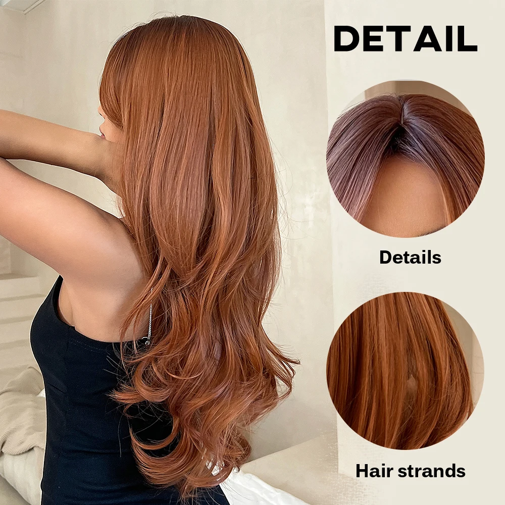 oneNonly Orange Ginger Synthetic Wig with Bangs Long Wavy Wigs Natural Wig Woman Ladies Lolita Daily Hair