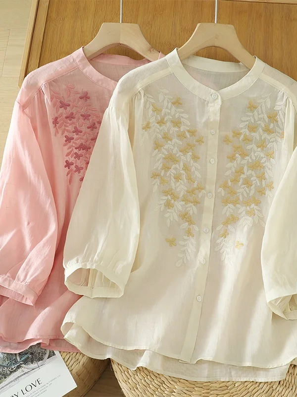 

Artistic Embroidered Linen irt Single Button Open Cardigan Top Women's Faion Summer 2026 ort Sve Deformable Polyester