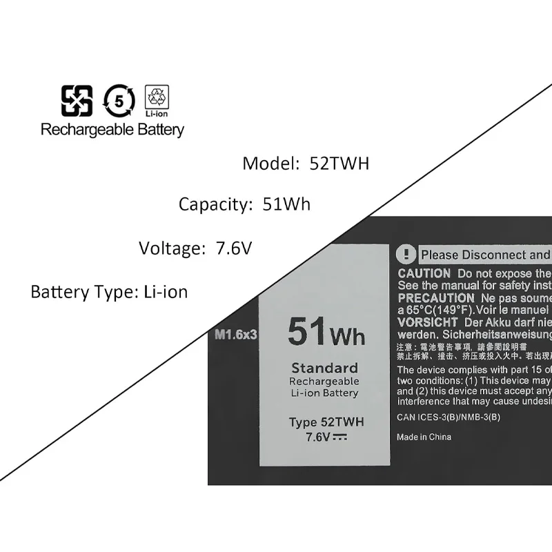 52TWH 51Wh 7.6V Laptop Battery 4-Cell Replacement for Dell XPS 13 7390 2-in-1 Series Notebook P103G P103G001 P103G002 MM6M8 0MM6