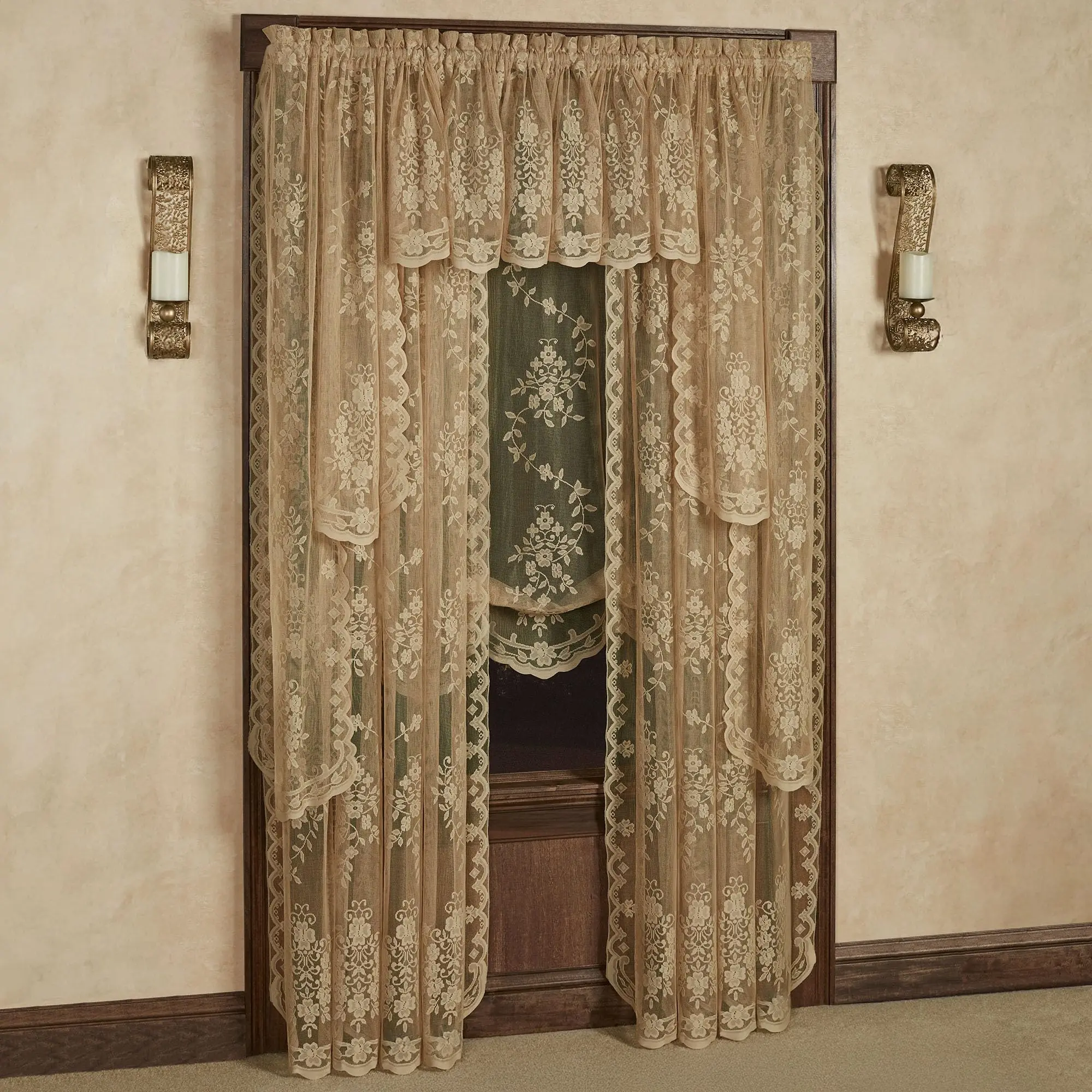 Luxury Sheer Polyester Fiona Lace Window Treatment, Antique Gold, 5 Pc Set
