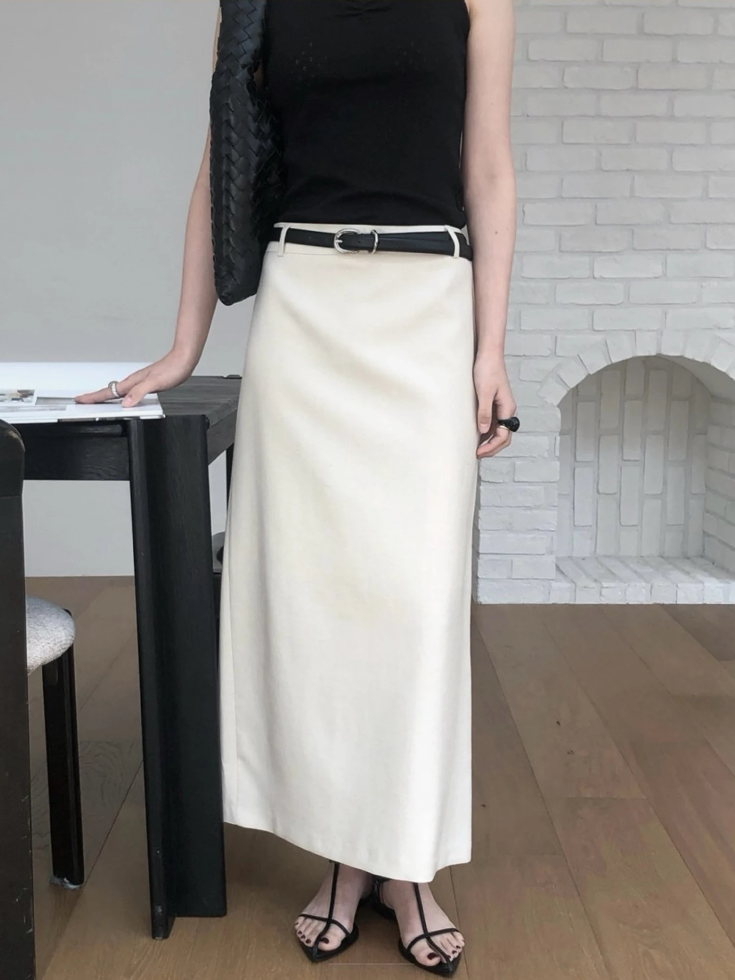 High Waist Straight Leg Skirt Women's Suit Color Half Length Zipper Back Split Fashionable Commute Casual Polyester Skirt