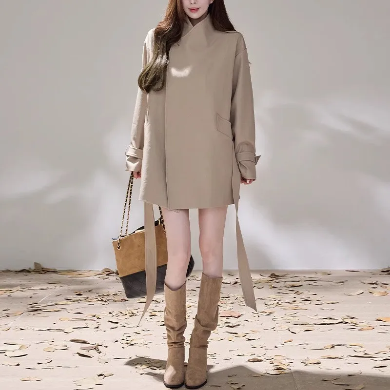 

Женский классический тренч SuperAen однотонного цвета средней длины, новинка весенней коллекции, с завязками, оверсайз, простой, повседневный, цвета хаки