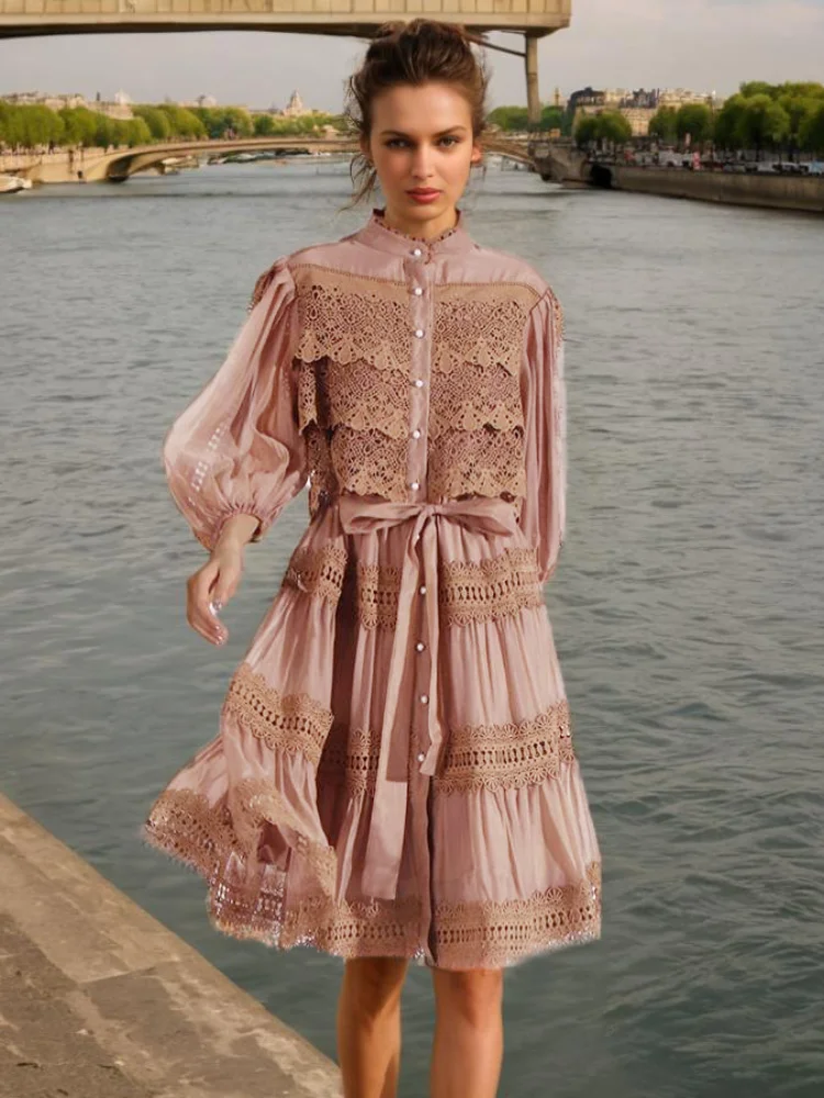 

Casual Embroidery Long Sleeve Dress Women Loose Stand Collar Single Breasted Ruffle Patchwork Robes 2025 Autumn Lady Streetwear