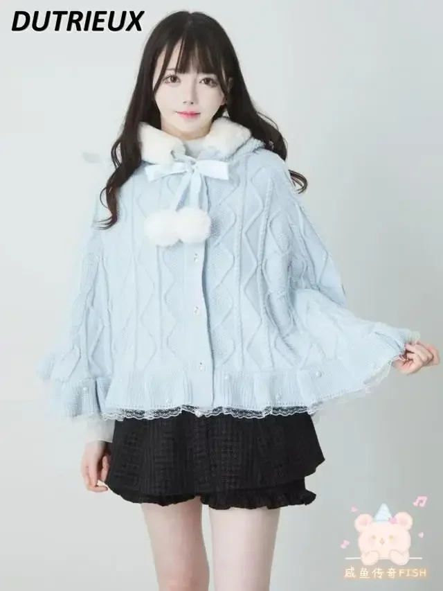 Suéter solto casual cardigan japonês produzido em massa estilo lolita casacos femininos doce fofo orelhas de urso bola de cabelo capa de malha xale