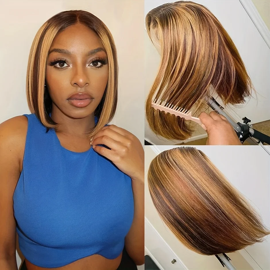 Peluca de cabello humano liso con encaje frontal transparente para mujer, pelo corto bob con densidad de 427, 10 pulgadas, 150% resaltado, color ombré, 13x4