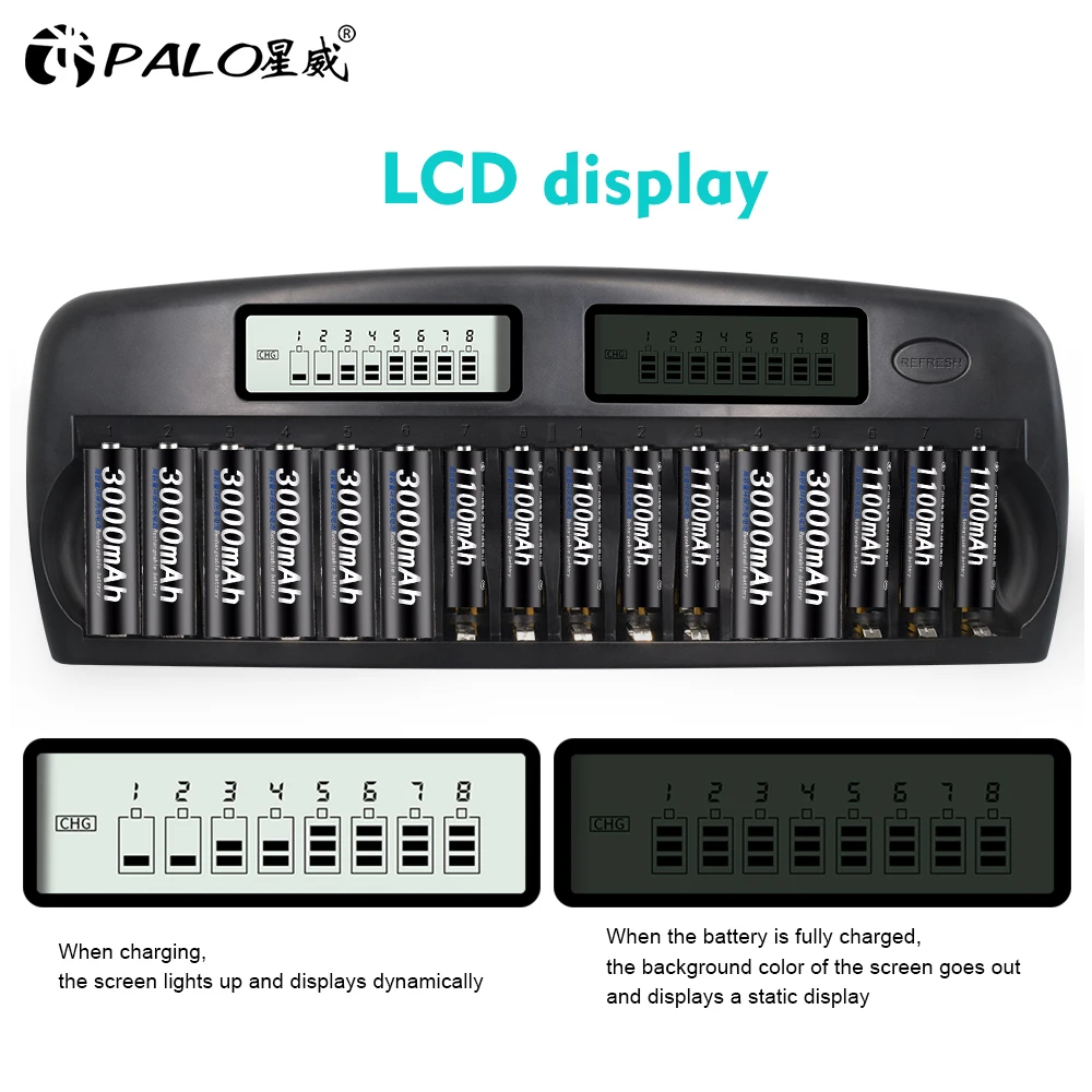 PALO New 16 Slots Intelligent 2-LCD Display AA/AAA Battery Charger For NI-MH NI-CD Rechargeable Batteries with Car Charger